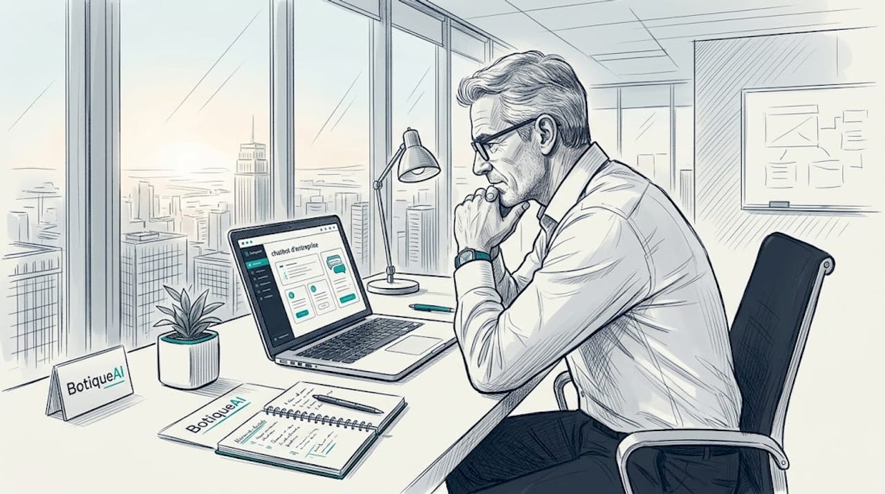 Dans un bureau lumineux, un responsable informatique interagit avec un chatbot pour faciliter son travail au quotidien.