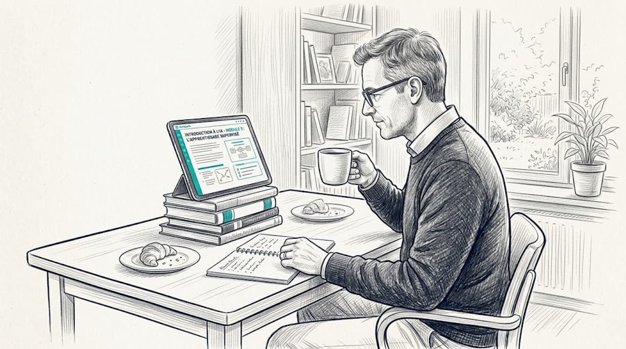 Un homme plongé dans l’étude de l’intelligence artificielle, installé à sa table de cuisine.