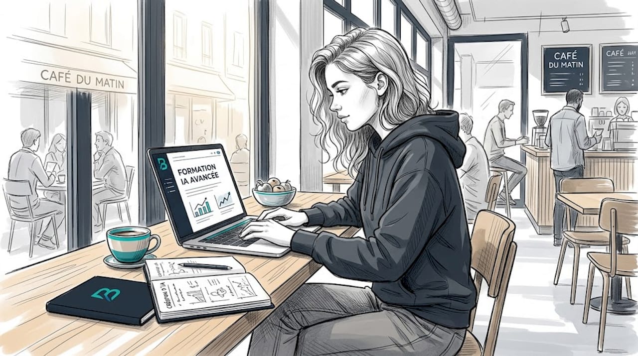 Un étudiant en pleine séance d'apprentissage de l'intelligence artificielle, installé à son bureau dans son appartement.