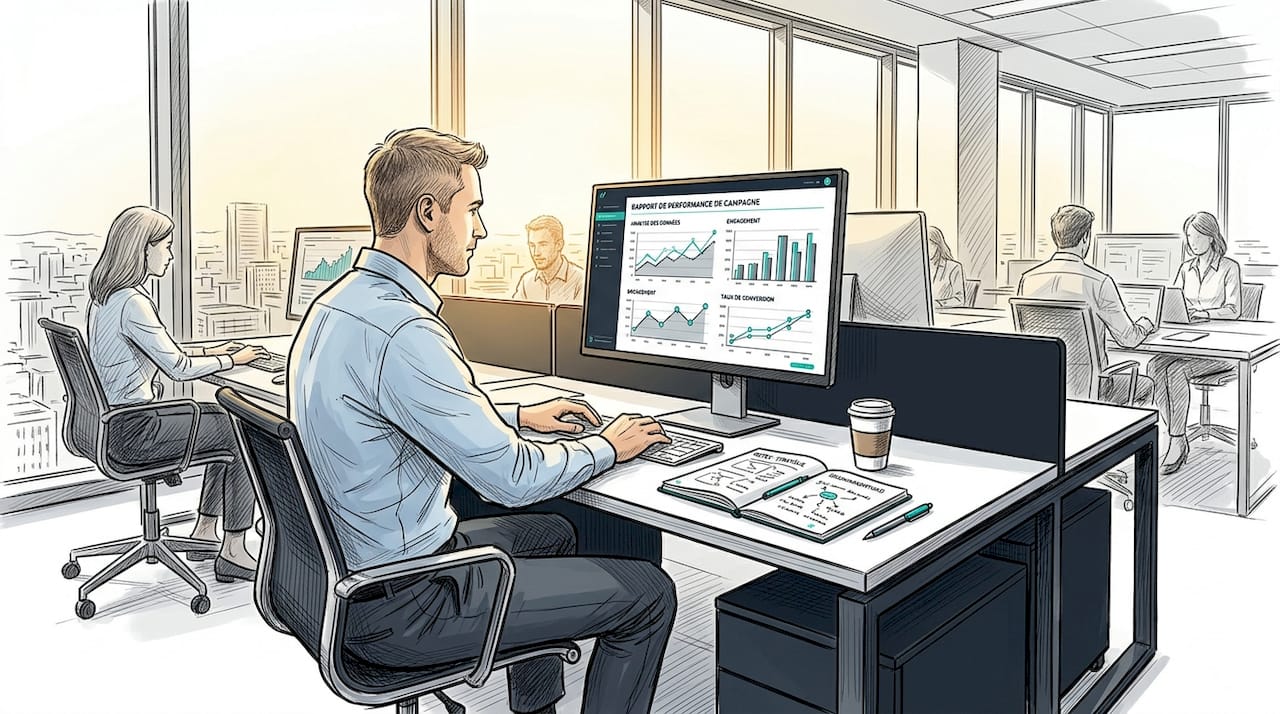 Un chef d’entreprise en pleine optimisation de sa stratégie marketing grâce à l’automatisation, concentré devant son bureau.