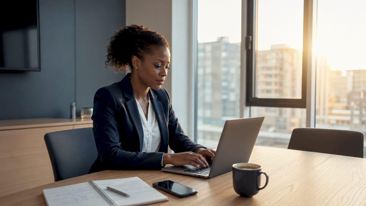 Une femme active qui intègre l’intelligence artificielle dans son quotidien professionnel au bureau.