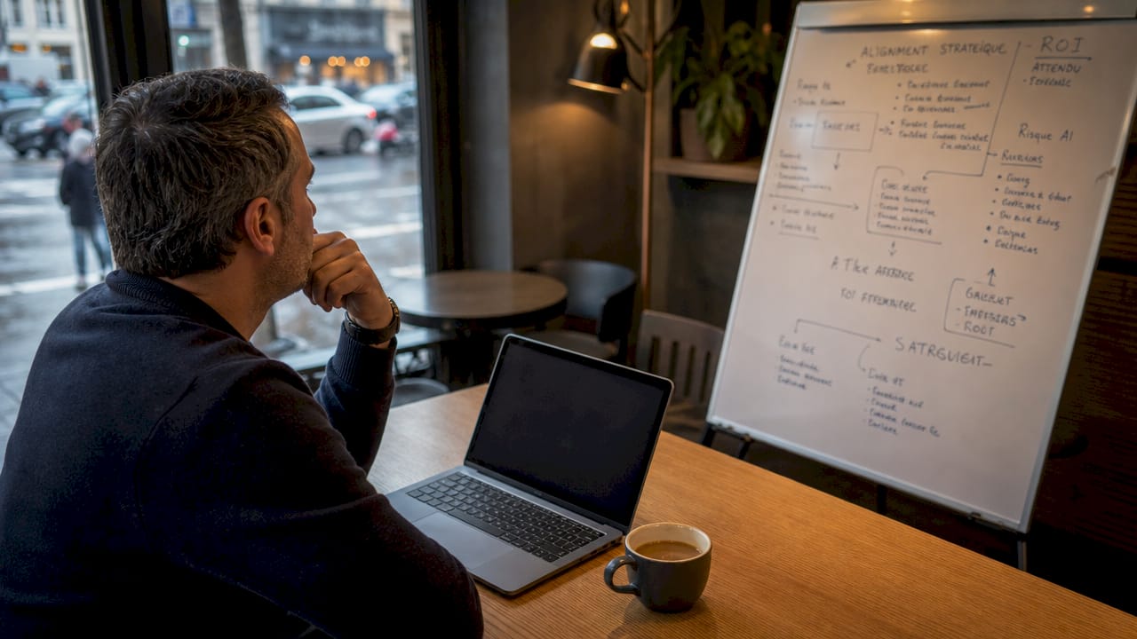 Un collaborateur en pleine réflexion sur la stratégie d’intelligence artificielle de l’entreprise