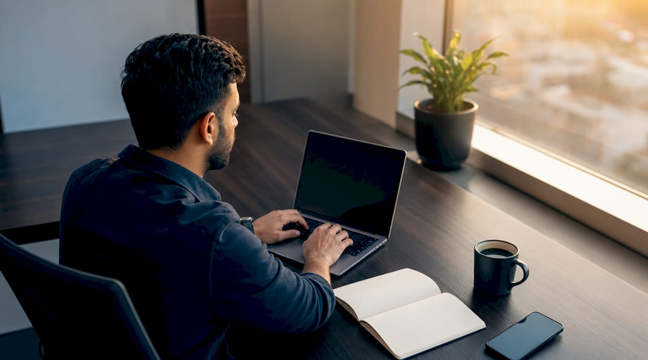 Un homme utilise un chatbot WhatsApp pour travailler depuis son bureau.