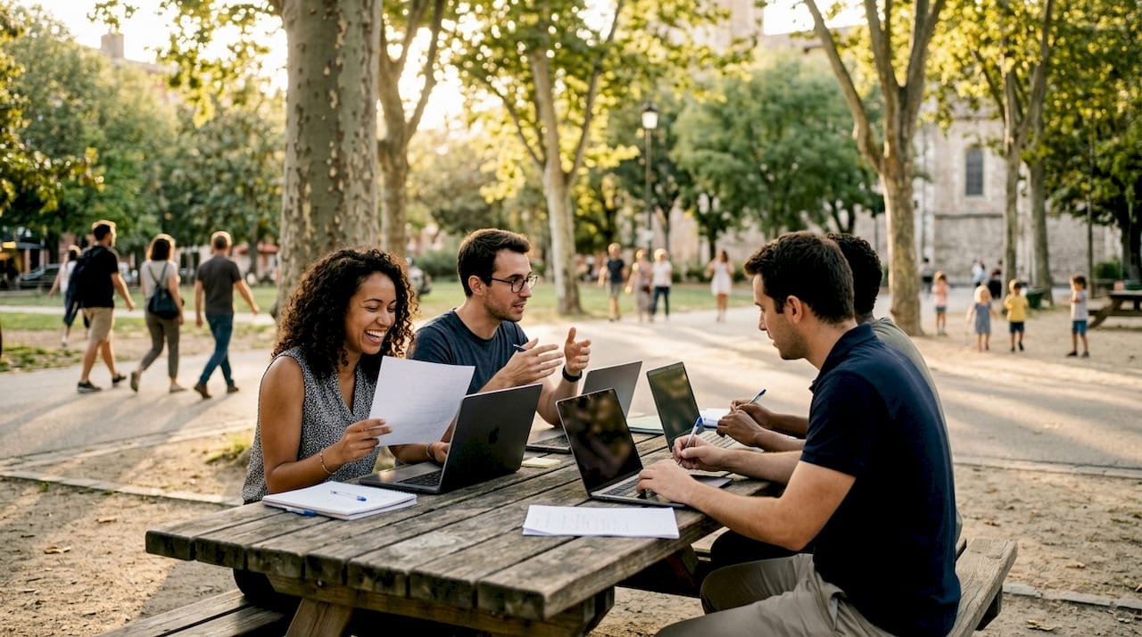 Une équipe IA aux profils variés échange lors d'une réunion conviviale au bureau.