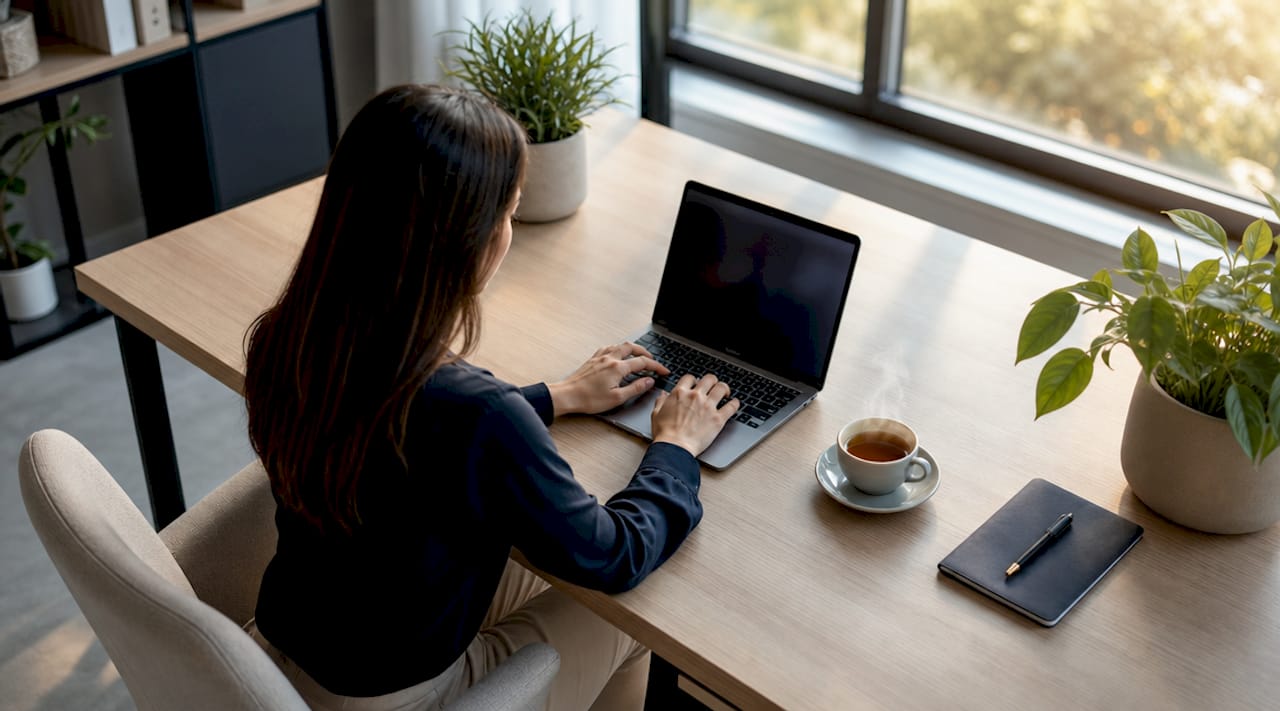 Des mains s’activent sur le clavier d’un ordinateur portable, dans une ambiance de coworking.
