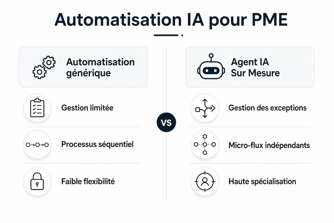 Infographie : comparaison entre solutions d’automatisation classiques et agents intelligents personnalisés pour les PME