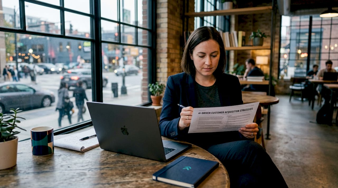 Marketing analyst reviewing AI acquisition report