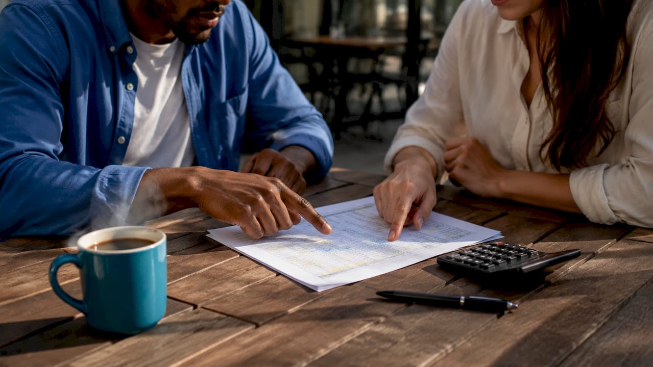 Hands collaborating on bookkeeping spreadsheet