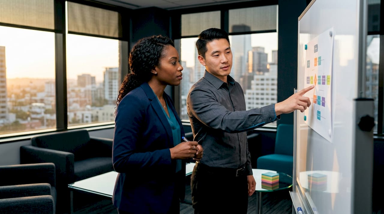 Hands analyzing AI workflow documentation in meeting