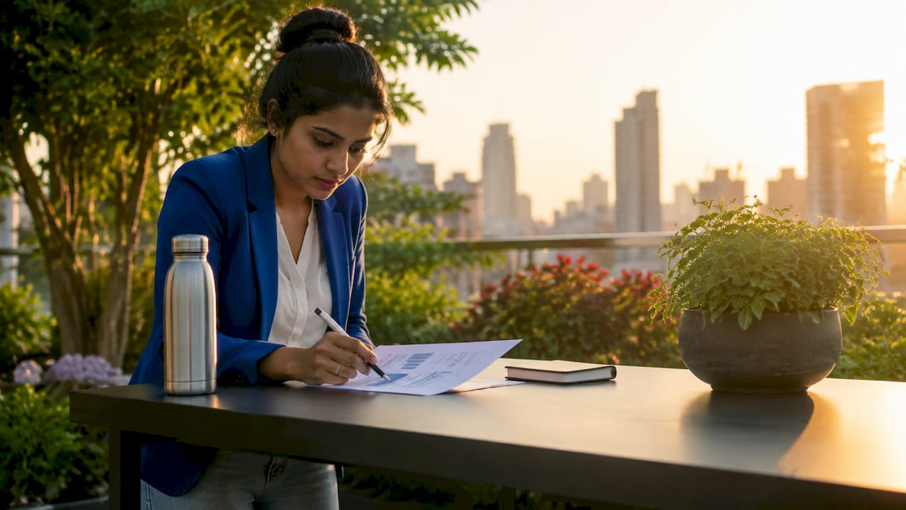 Founder reviewing AI business documents in workspace