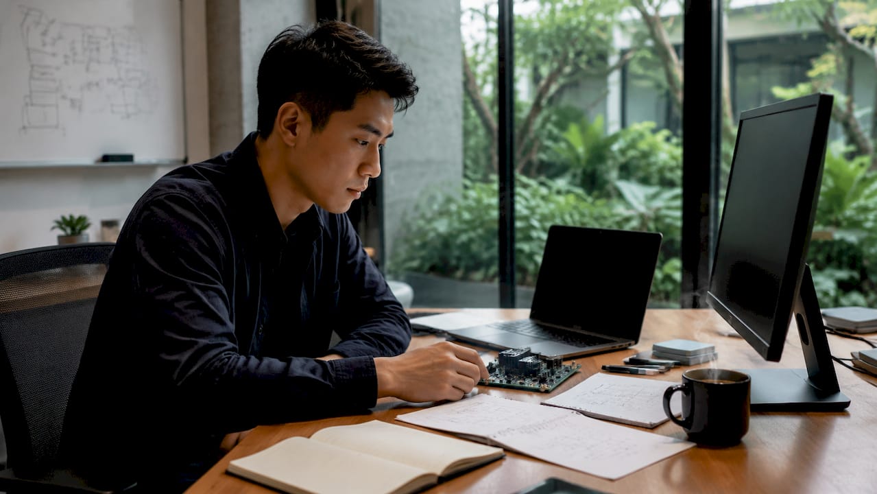 Un ingénieur spécialisé en intelligence artificielle, concentré sur son travail dans un bureau high-tech.