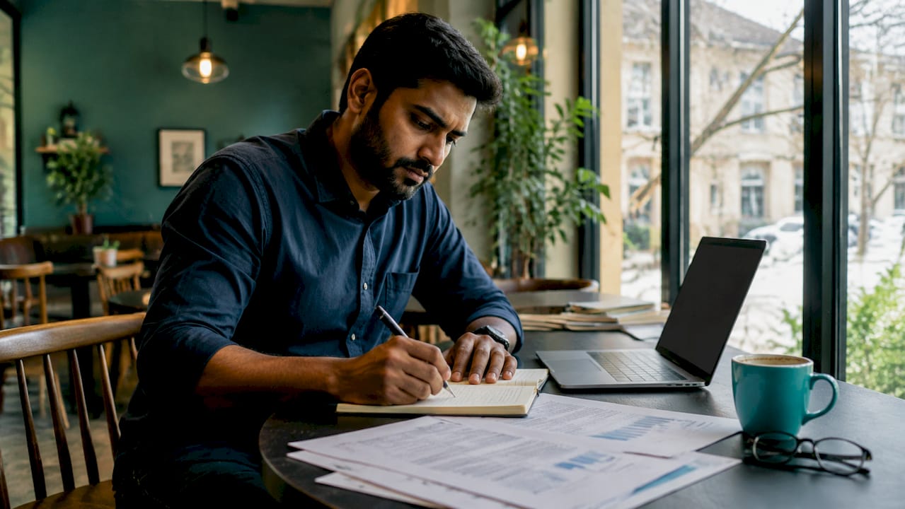 Man working on AI content generation at home desk