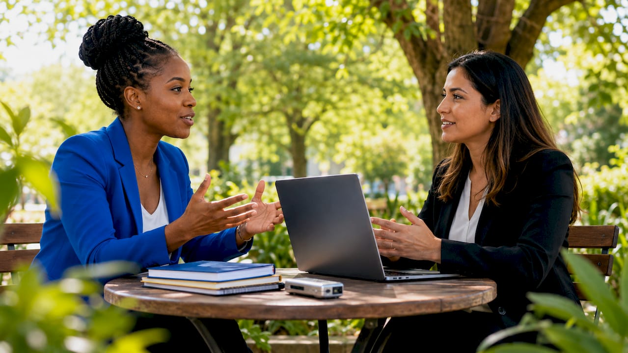 Two women discussing AI content generation categories