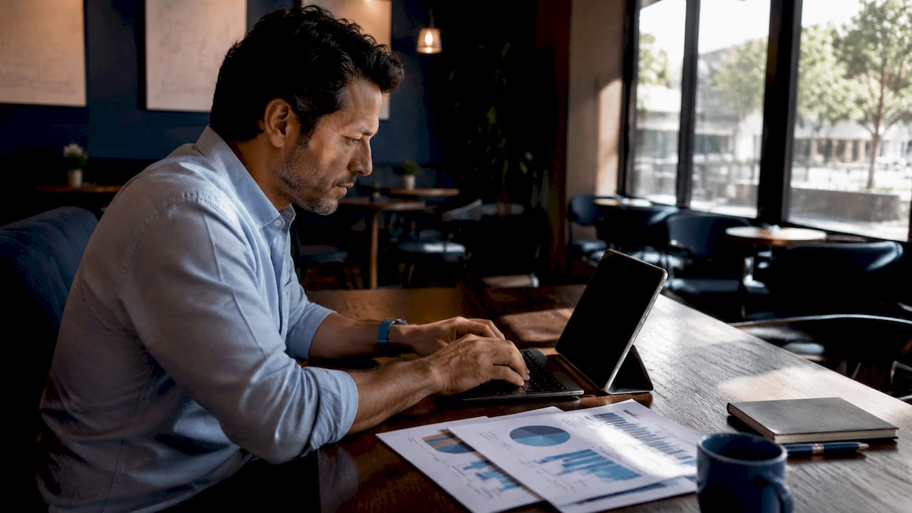 Hands typing on keyboard over printed analytics reports