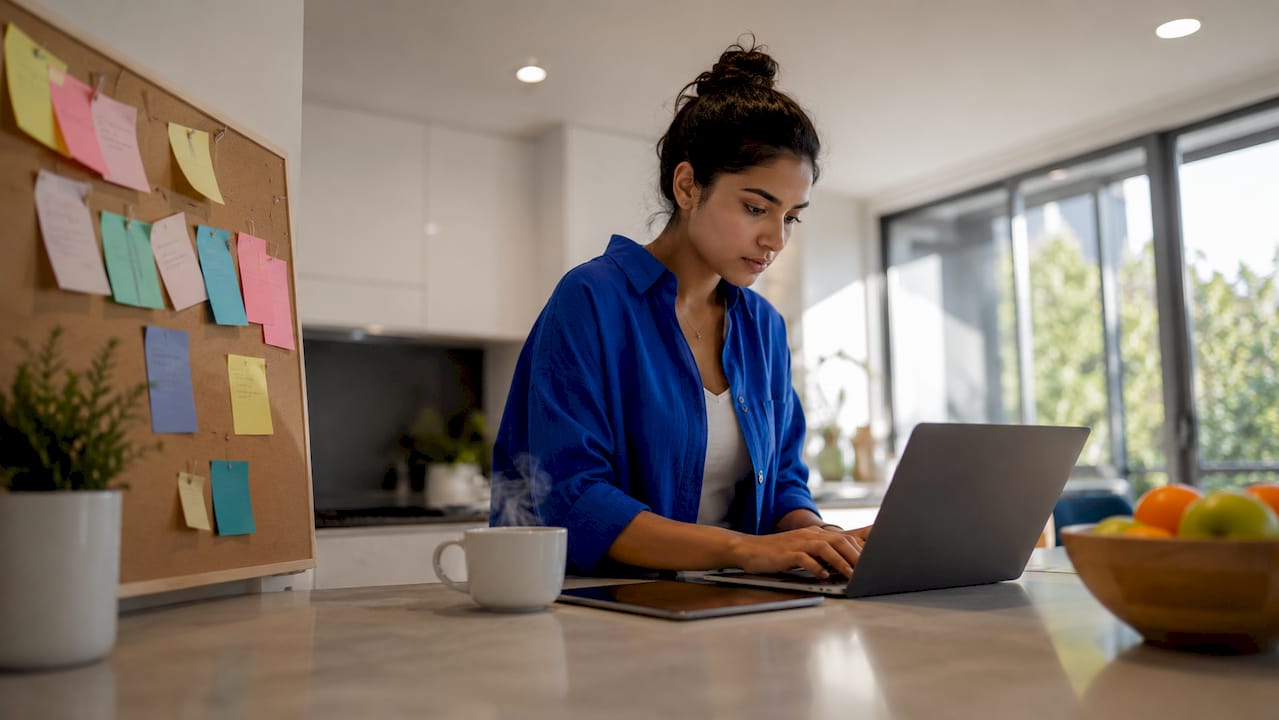 Woman working on AI content optimization at home desk