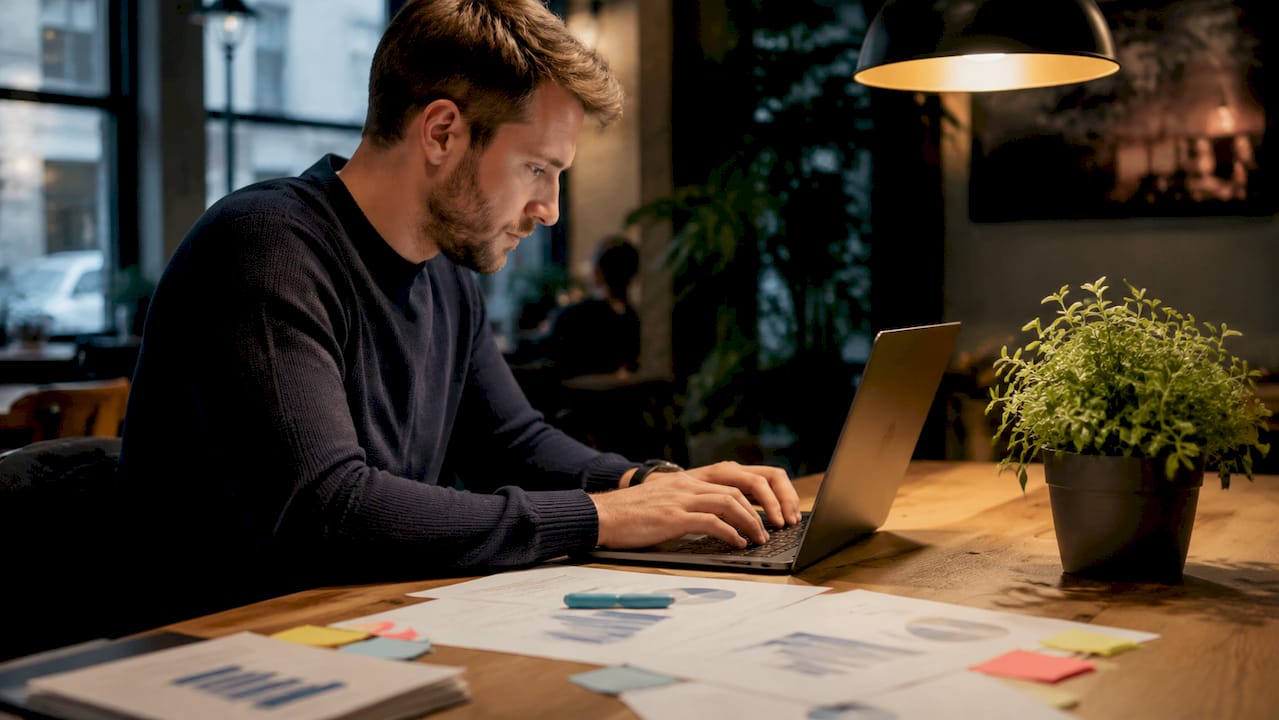 Hands typing on laptop with CRM data sheets