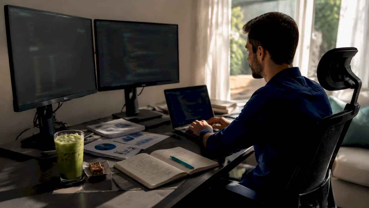Overhead view of data scientist's workspace with data charts