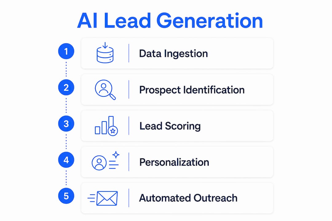 Infographic illustrating AI lead generation workflow steps