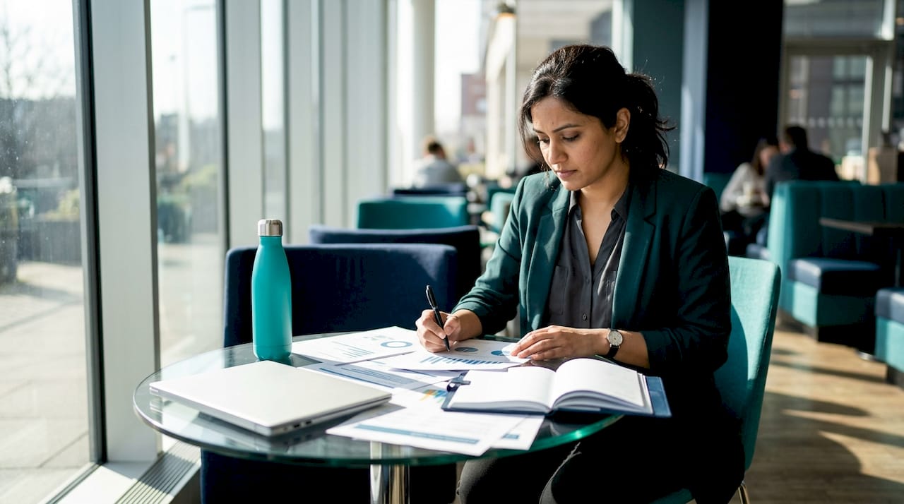 Businesswoman reviewing AI data strategy documents