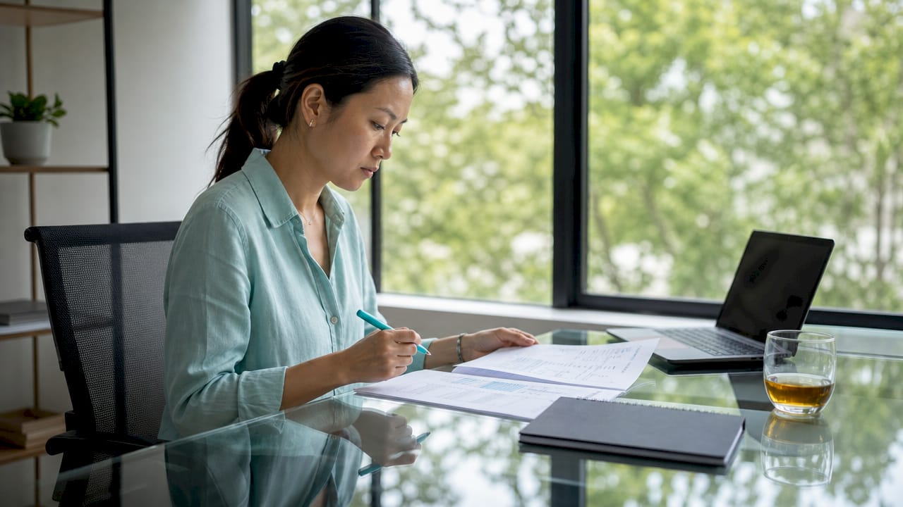 Un responsable des ressources humaines en train d’analyser les bulletins de paie.