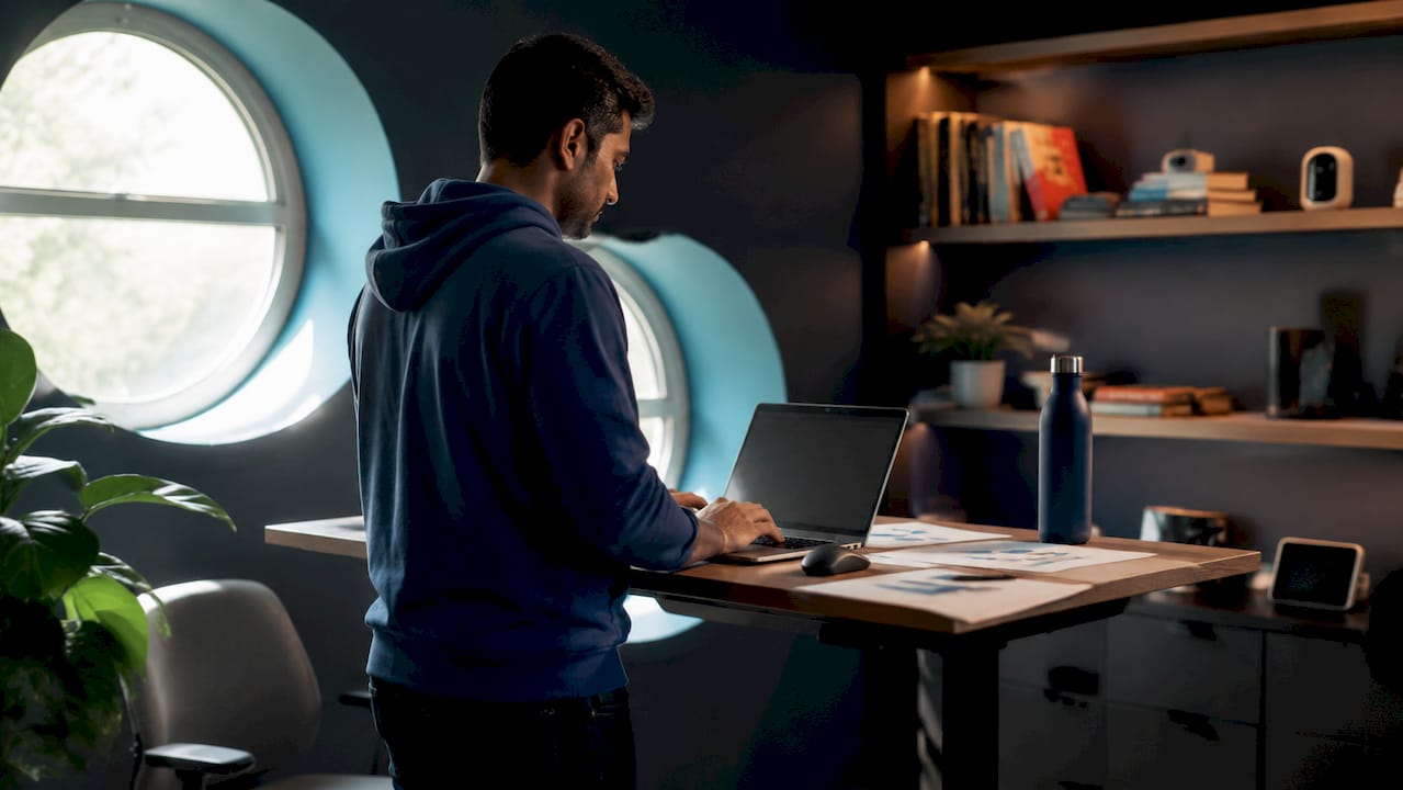 Engineer typing on laptop with city sunrise view