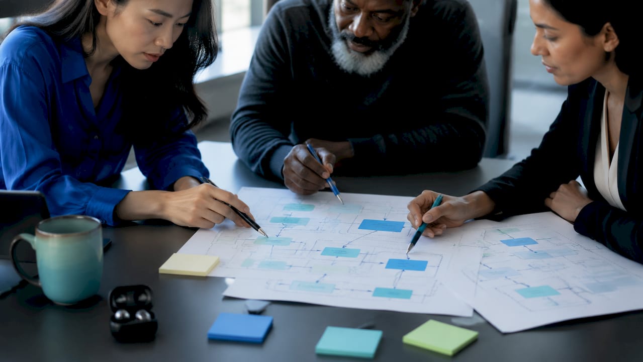 Overhead view of diverse team arranging AI architecture documents