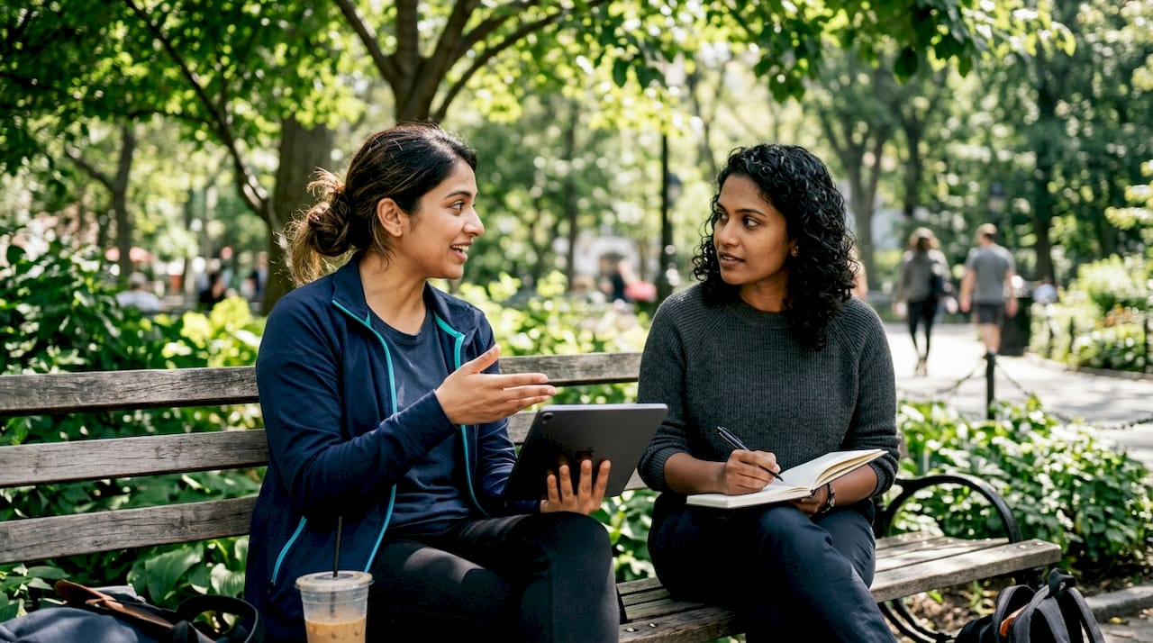 Colleagues discussing chatbot tablet display