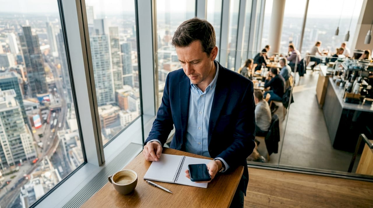 Un responsable commercial en pleine préparation d'une campagne de communication multicanale dans son bureau.