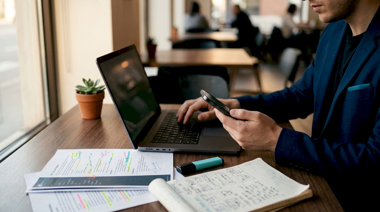 Hands multitasking on laptop and phone with API documents