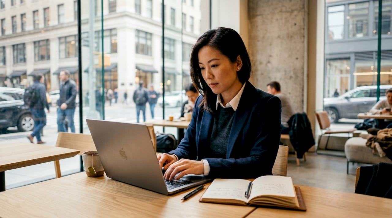 Un analyste d’entreprise qui s’appuie sur un assistant virtuel pour travailler sur son ordinateur portable.