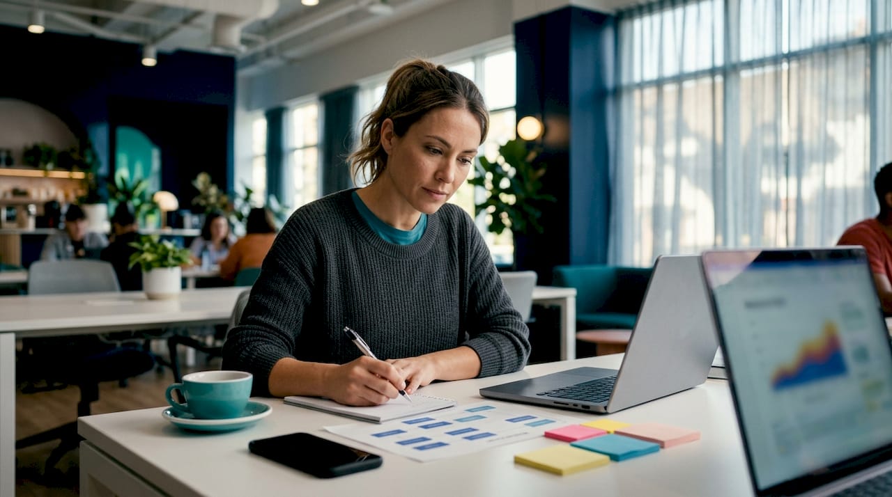 Entrepreneur reviewing AI tool workflow at desk