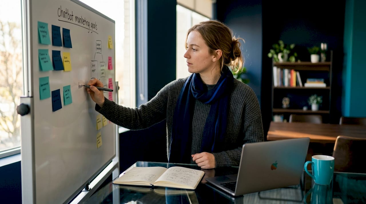 Hands planning chatbot marketing goals on whiteboard