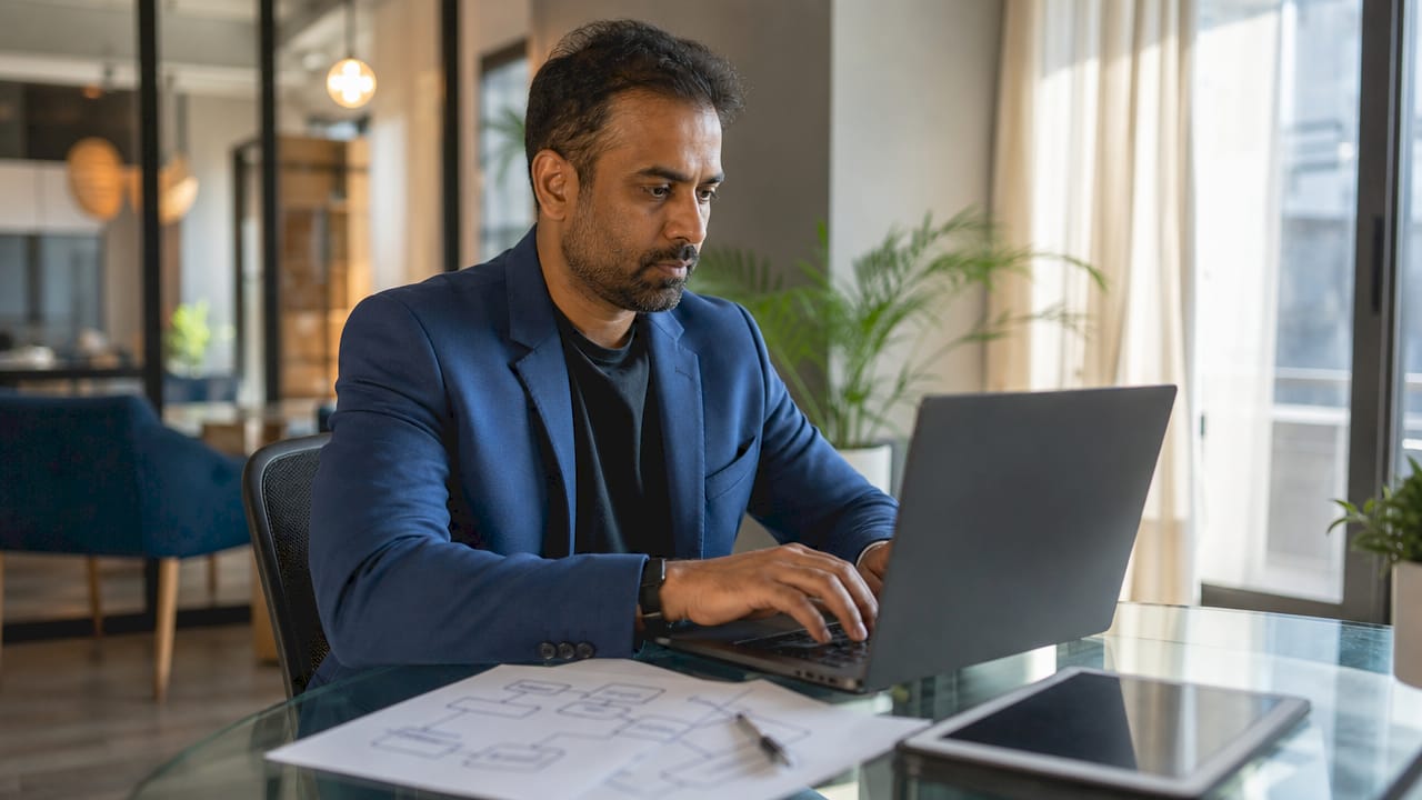 Man integrating enterprise chatbot at office desk