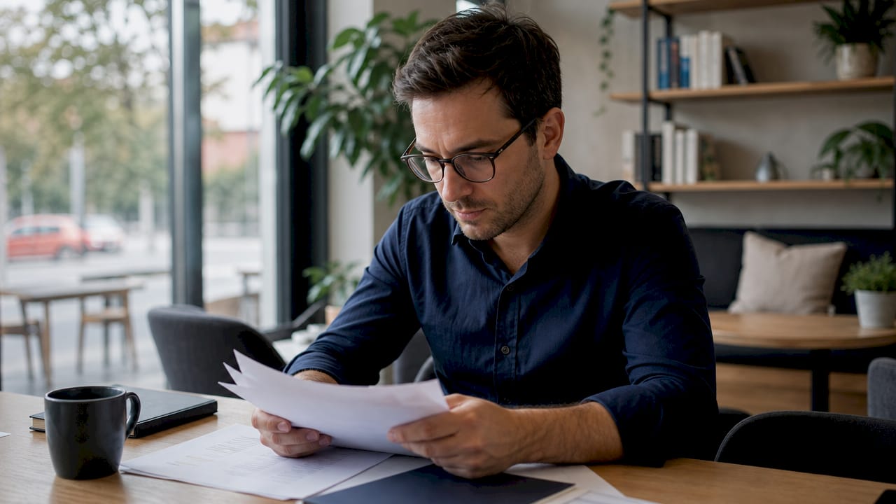Une personne analyse des documents liés à l’intelligence artificielle dans un bureau contemporain.