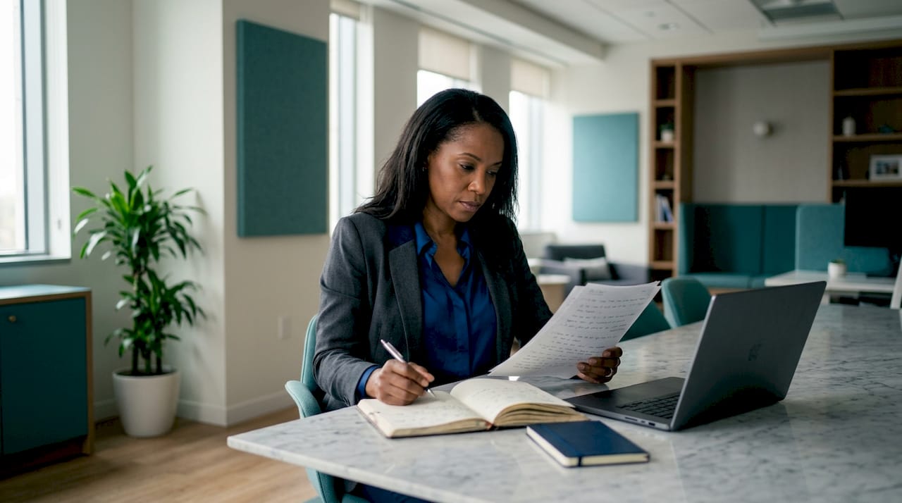 Une femme dirigeante élabore une stratégie d’intelligence artificielle lors d’une réunion de travail.