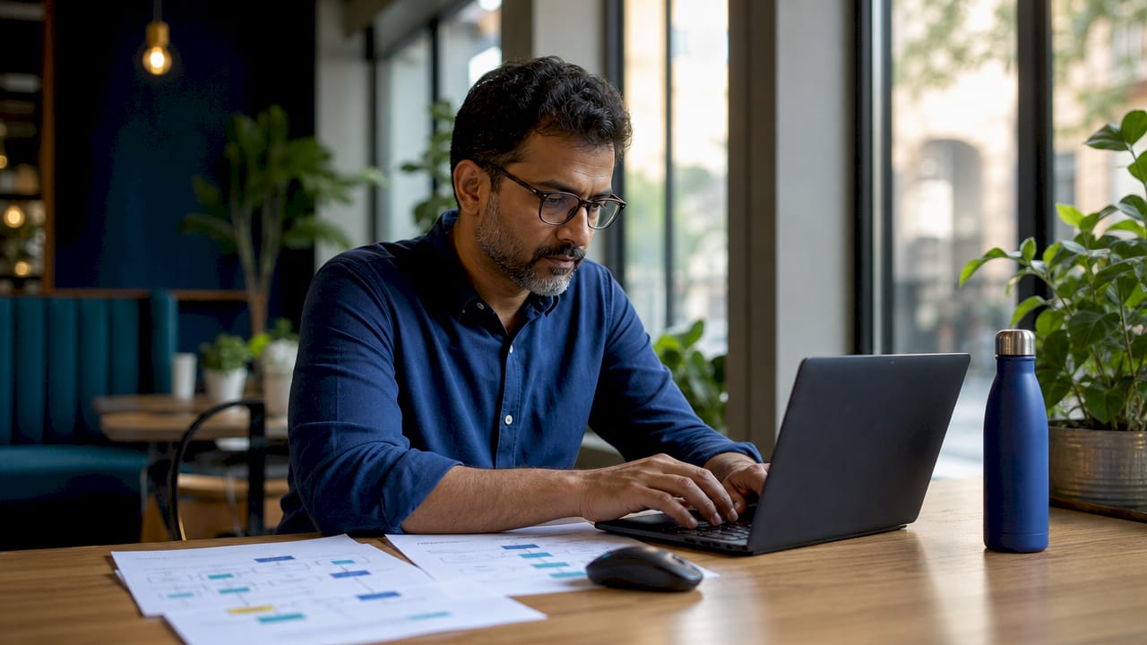 Professional working on data automation at desk