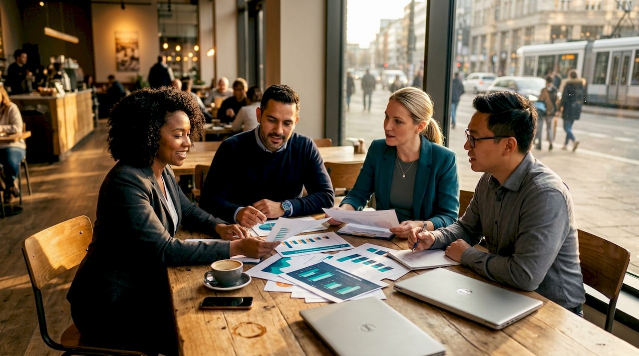 Team discussing AI transformation reports in office