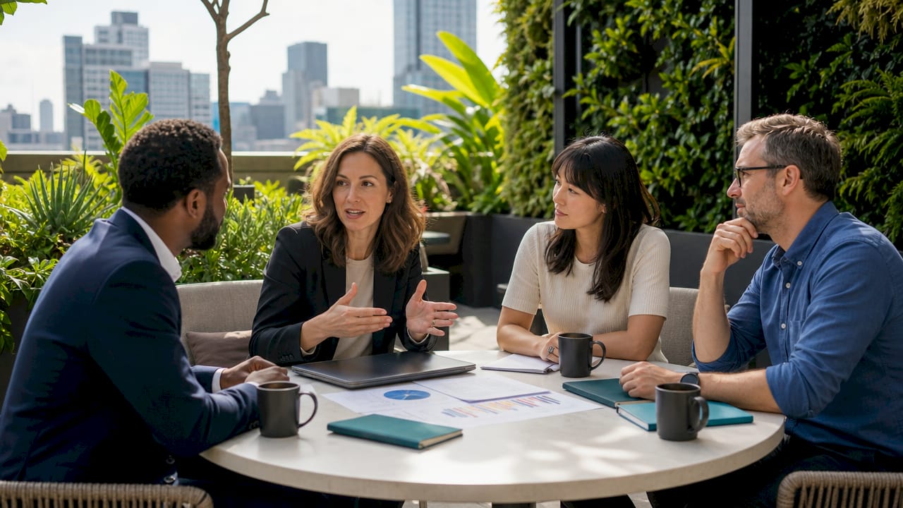 Diverse team discussing AI stakeholder buy-in at meeting