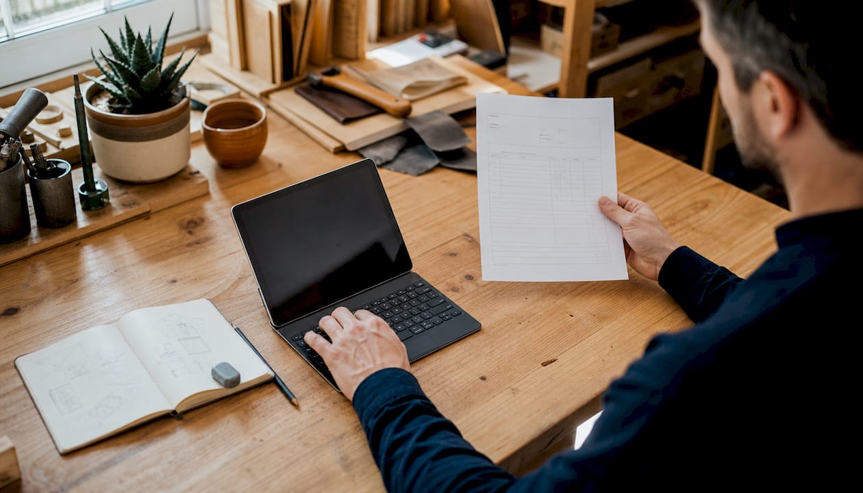 Un artisan qui jongle entre la gestion de ses factures et l’utilisation de sa tablette