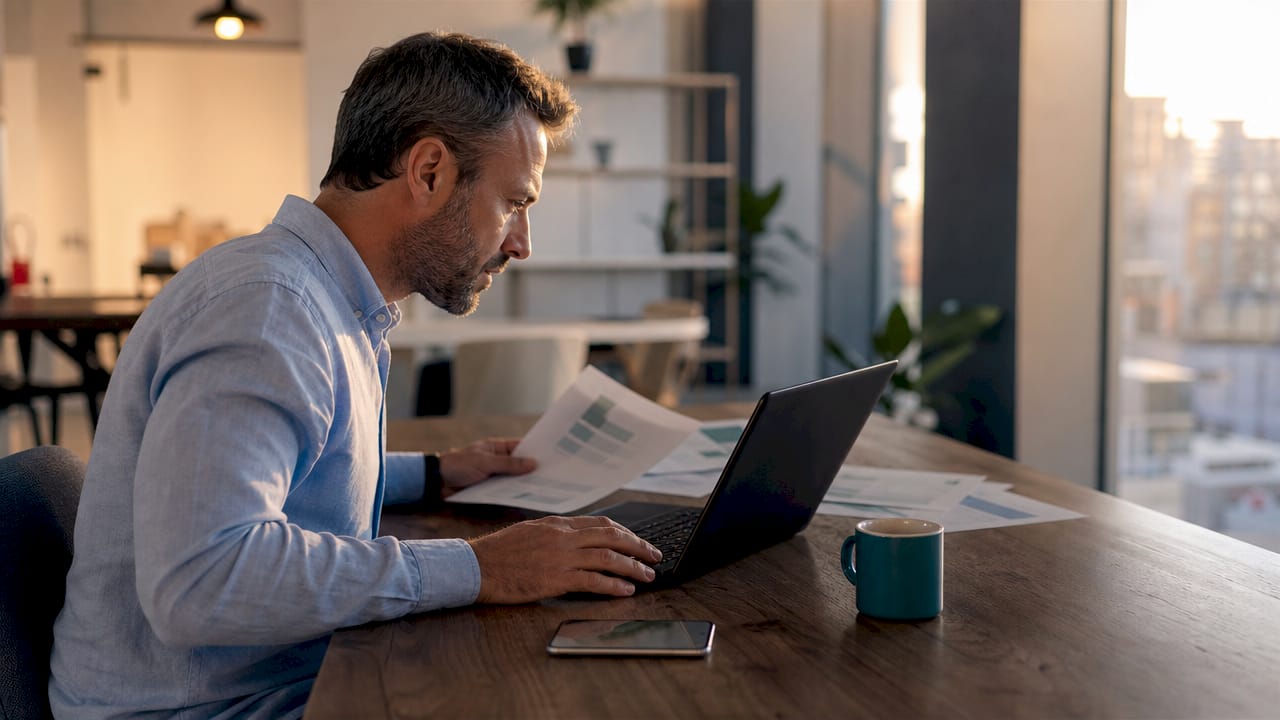 Patron de PME en pleine réflexion sur l’intelligence artificielle dans son bureau