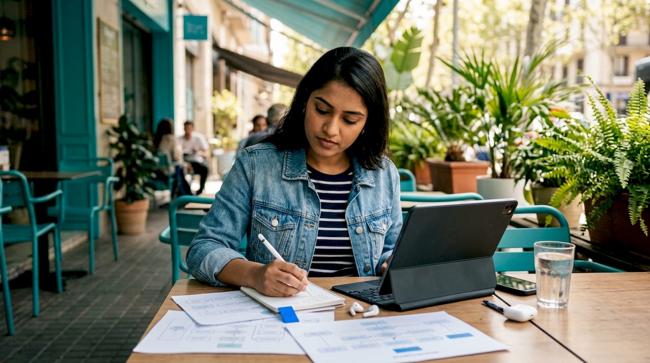 Woman organizing chatbot setup in coworking space