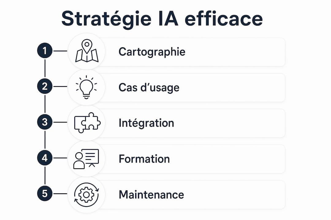 Découvrez en un coup d’œil les grandes étapes pour mettre en place une stratégie d’intelligence artificielle réussie dans le secteur industriel grâce à notre infographie.