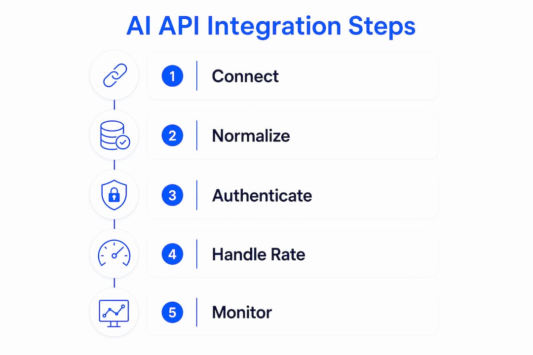 Infographic outlining AI API integration steps