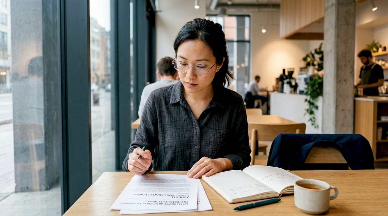 Une femme examine des dossiers sur l’intelligence artificielle dans son bureau.