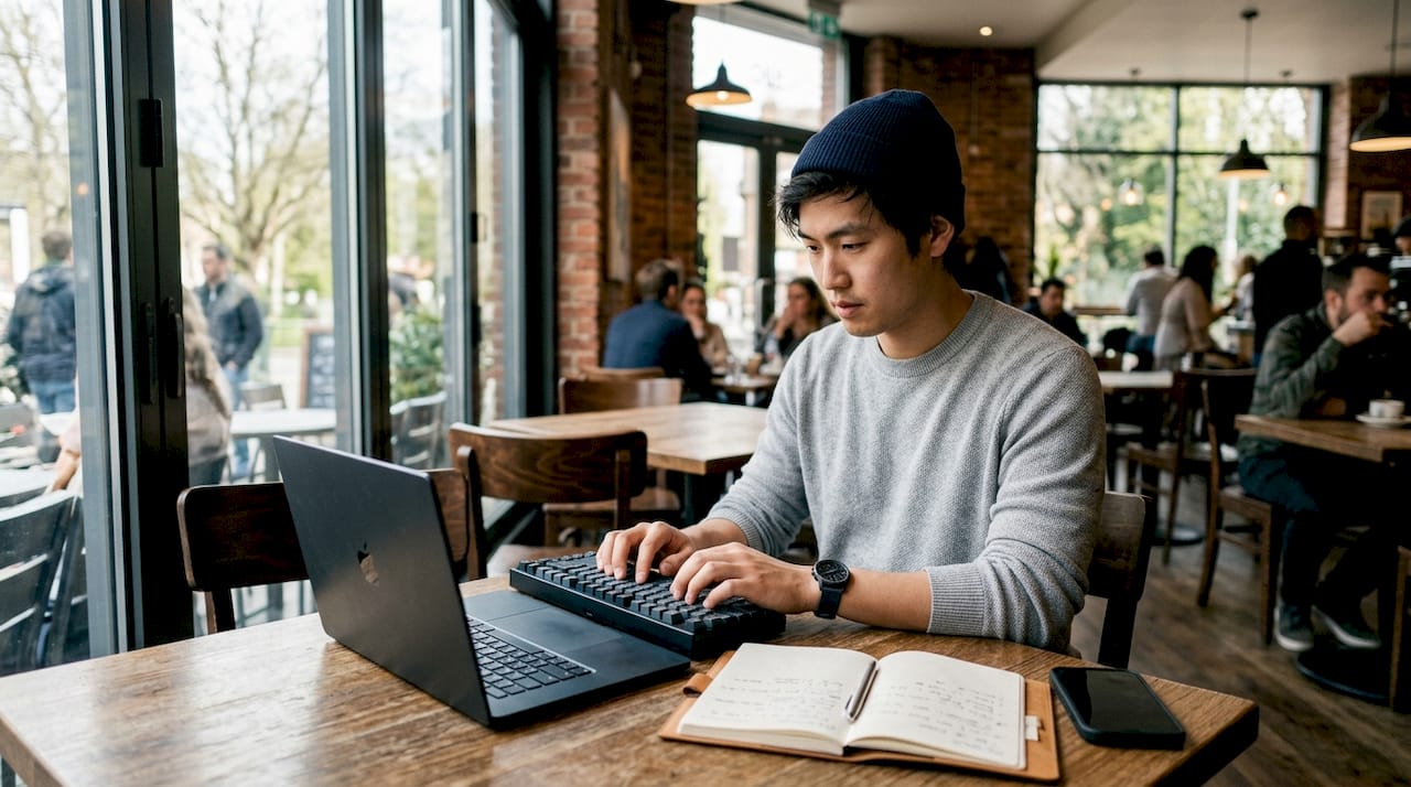 Des mains qui pianotent sur un clavier dans un espace de coworking, accompagnées d’une intelligence artificielle.
