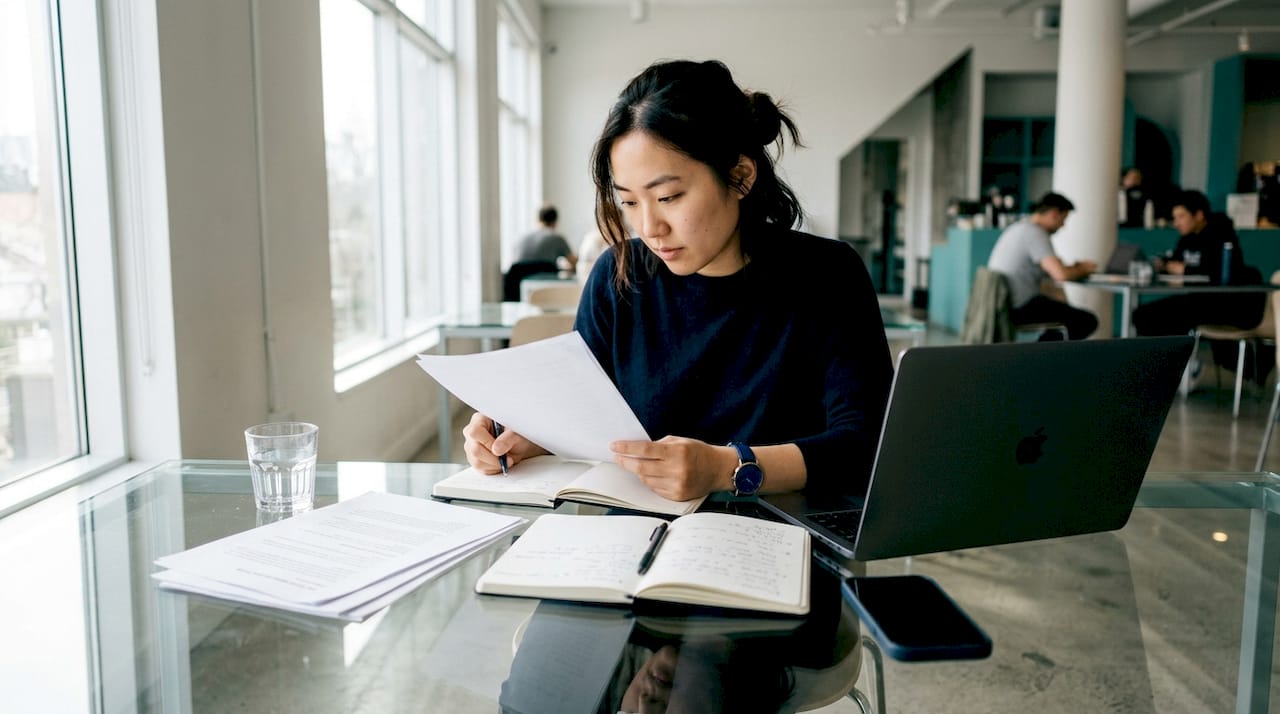 Entrepreneur reviewing customer validation notes
