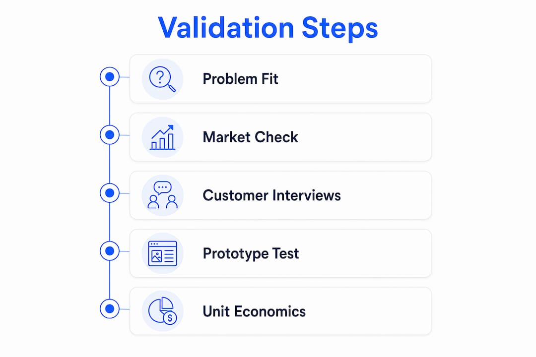 Infographic showing step-by-step AI business validation process