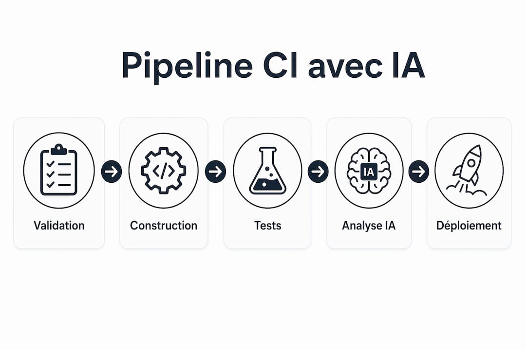Infographie présentant les différentes étapes d’un pipeline CI optimisé par l’intelligence artificielle