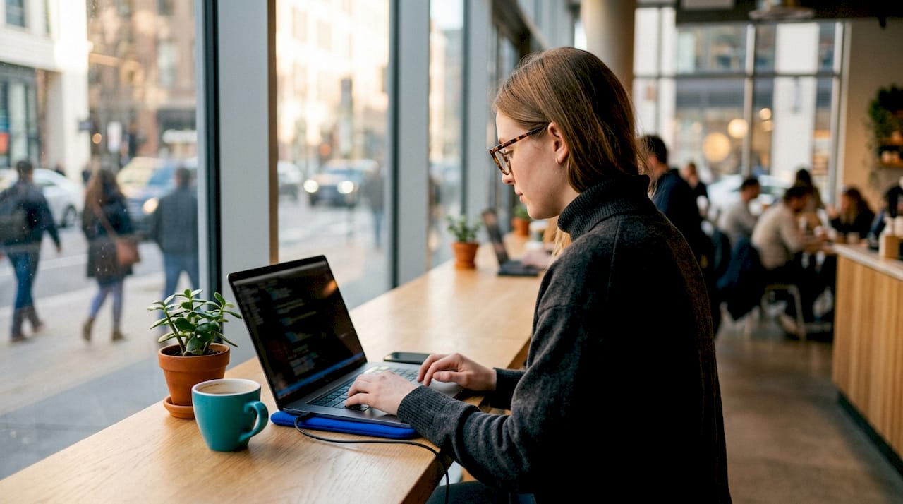 Developer coding AI-first product in office
