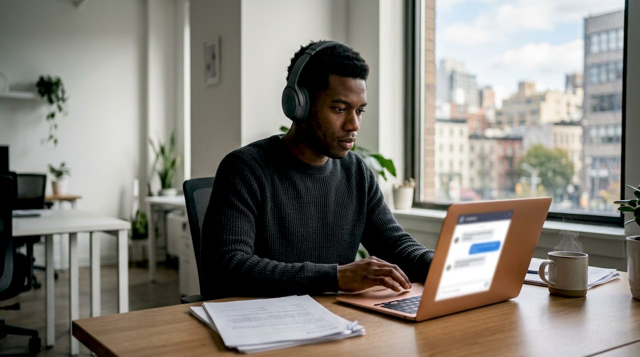 Conseiller clientèle utilisant une solution de chatbot pour accompagner les clients